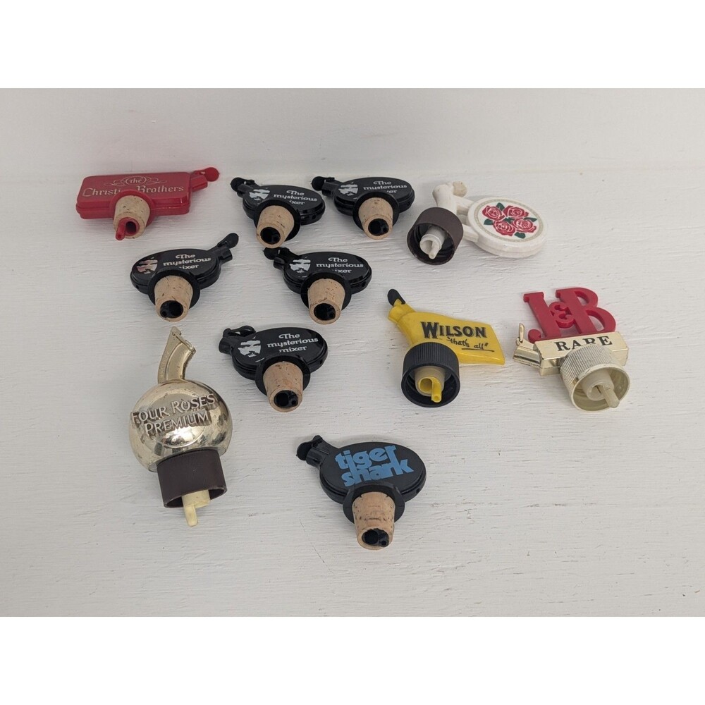 Vintage Barware Branded Liquor Bottle Pourers Whiskey Bourbon Lot of 11 Colorful